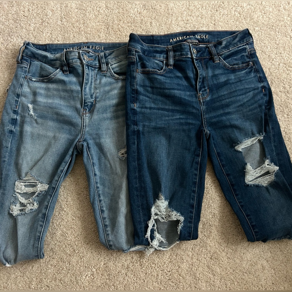 American Eagle Outfitters Women's Ripped Ankle Jeans BUNDLE - Light + Dark Blue